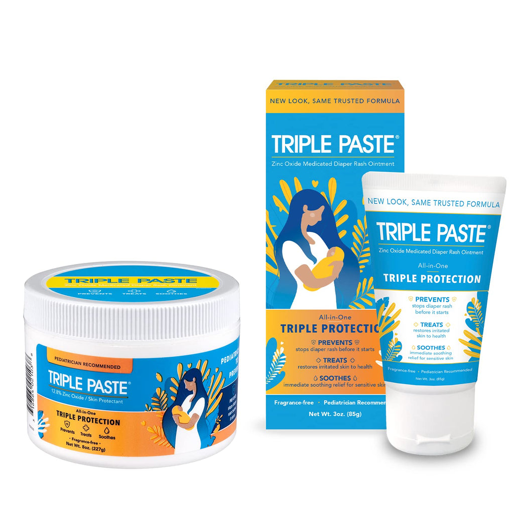 Triple Paste Diaper Rash Cream for Baby - 8 Oz Tub & 3 Oz Tube At Home & On the Go Bundle – Zinc Oxide Ointment Treats, Soothes & Prevents Diaper Rash, Baby Essentials for Daily & Overnight