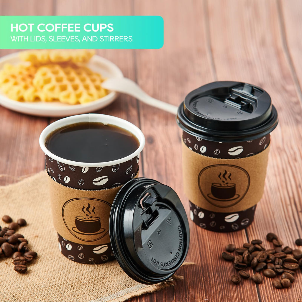JOLLY PARTY Disposable Coffee Cups with Lids, Sleeves and Straws - 12oz(100 Pack) Paper Coffee Cups with Lids, Durable, BPA Free Hot Coffee Cups for Shops, Cafes, and Concession Stands(Dark Brown)