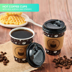 JOLLY PARTY Disposable Coffee Cups with Lids, Sleeves and Straws - 12oz(100 Pack) Paper Coffee Cups with Lids, Durable, BPA Free Hot Coffee Cups for Shops, Cafes, and Concession Stands(Dark Brown)