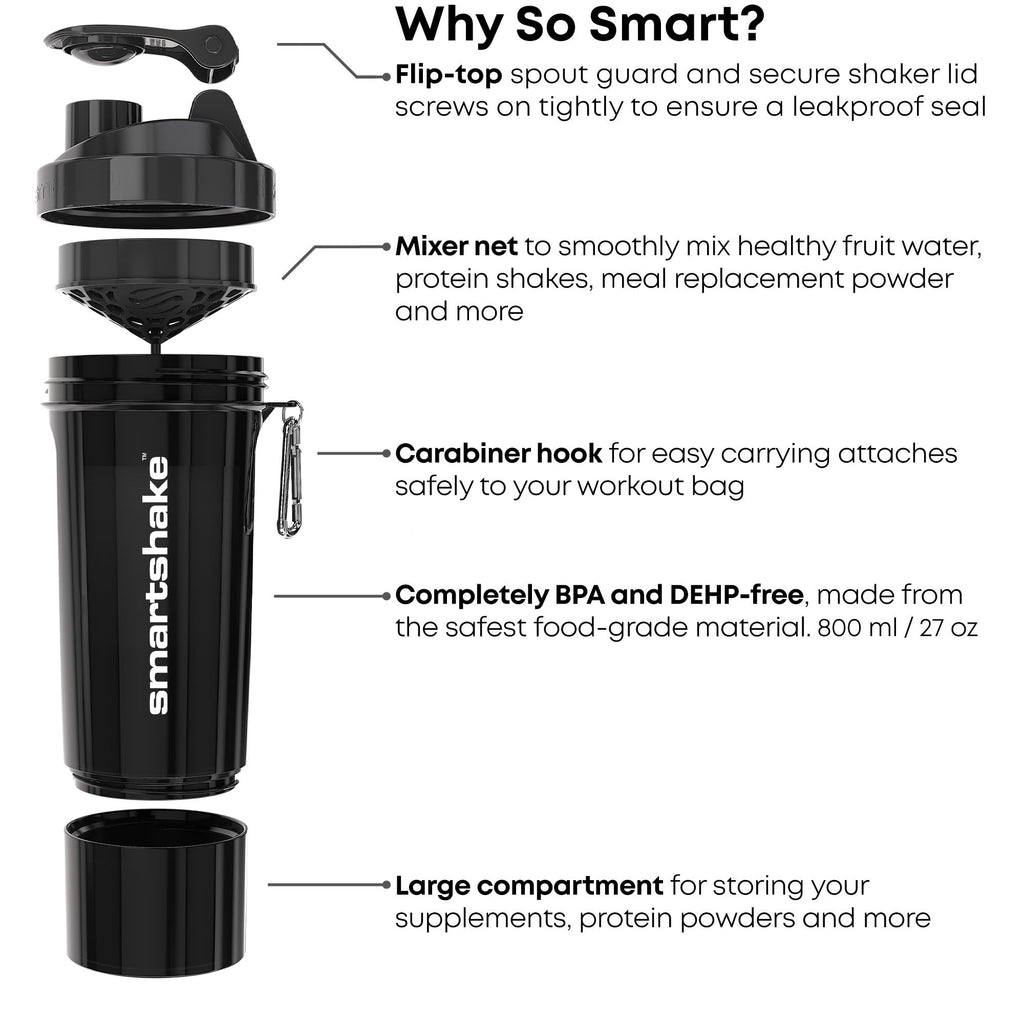 Smartshake Slim 4-Pack Protein Shaker Bottle 400 ml | 13.5 oz – Storage Included - Leakproof Screw-on Lid - BPA Free – Unisex - (Black, White, Stormy Gray, Cotton pink)