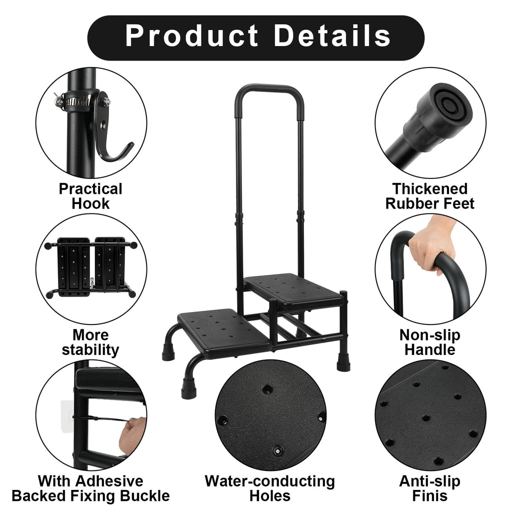 2 Step Stool with Handle for Elderly, Heavy Duty Step Stool with Handle, 4 Fixing Buckle and Adjustable Handrail, Bed Steps with a Hook for Adults Seniors Handicap, Hold up to 400LBS