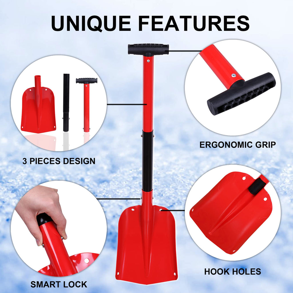 CARTMAN 32.5 Inch Folding Emergency Snow Shovel 3 Piece Aluminum Lightweight Portable Sport Utility Shovel for Car Trunk Camping Garden Beach, Red