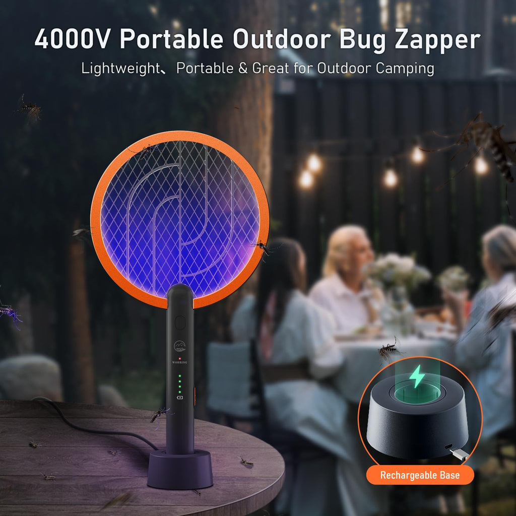 Electric Fly Swatter Racket, Mosiller 2 in 1 Bug Zapper with USB Rechargeable Base, 4000 Volt Indoor Outdoor Mosquito Killer with 3-Layer Safety Mesh for Pest Insect Control & Flying (Black（1 Pack）)