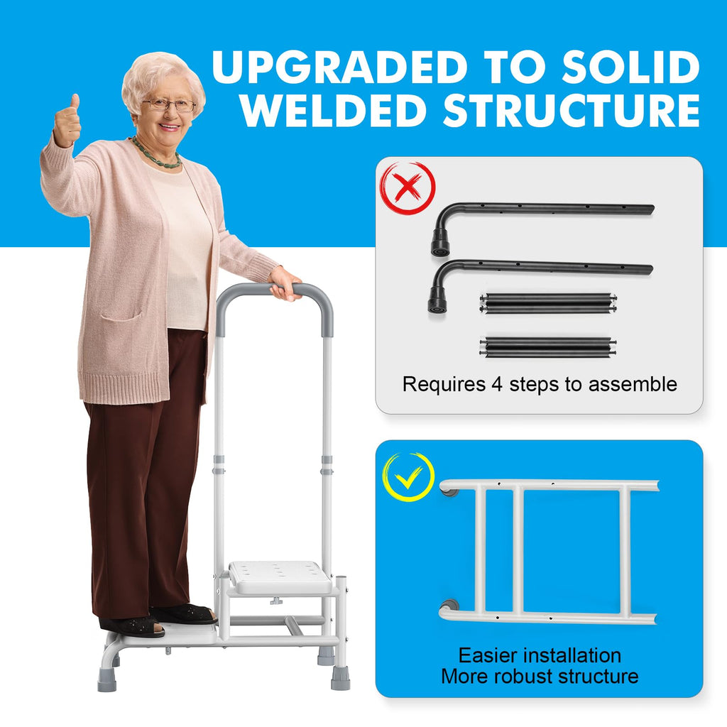 FORTEMOTUS 2 Step Stool with Handle for Elderly - Heavy Duty Bed Steps for High Beds for Adults with Adjustable Handrail &Non-Skid Platform, Foot Stool Ladder for Bedside, Kitchen, Car, RV, Bathtub