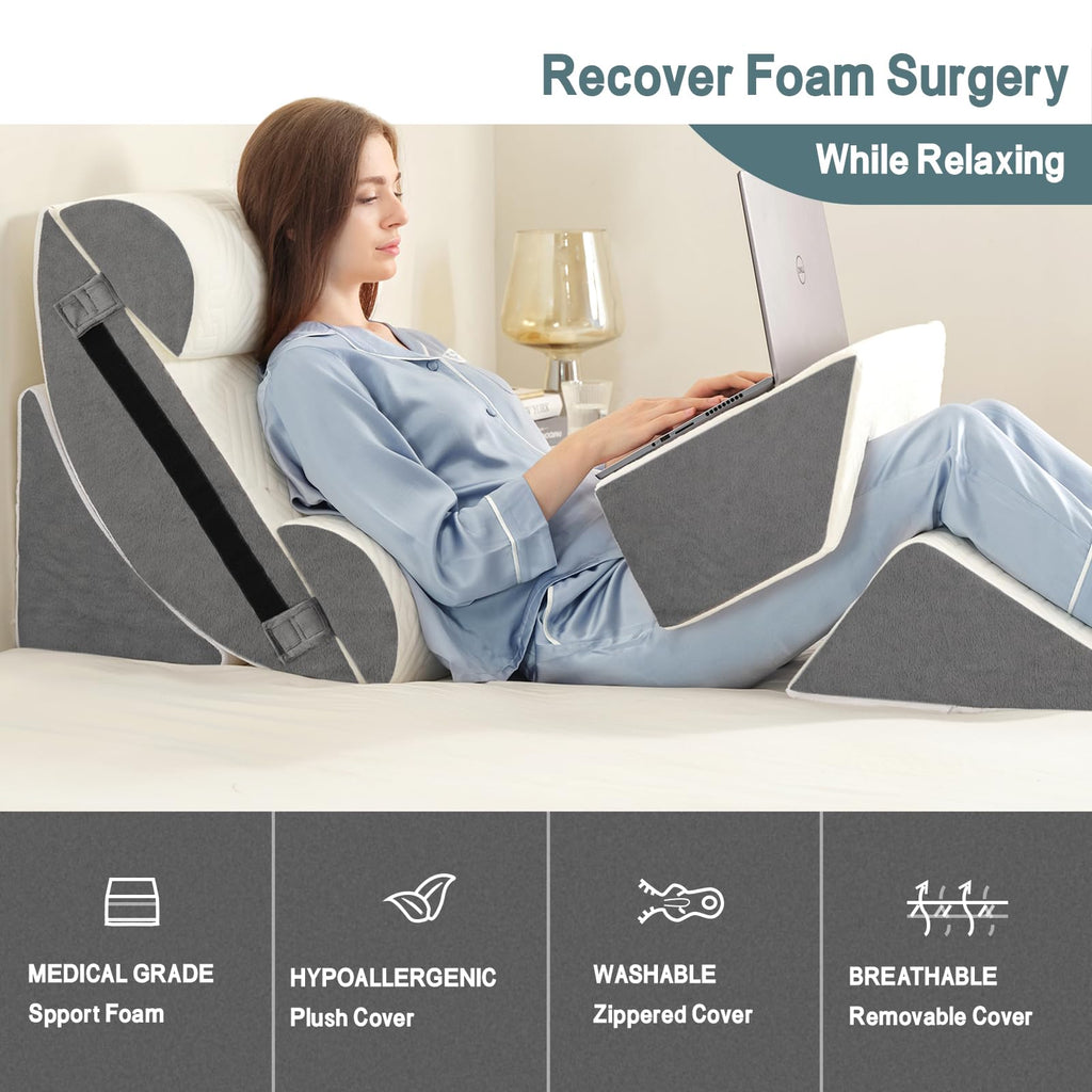 Yojoker 6pcs Orthopedic Bed Wedge Pillow Set for Post Surgery, Memory Foam for Sleeping, Back and Leg Pain Relief Comfortable & Adjustable Support Pillows-Anti Snoring, Heartburn