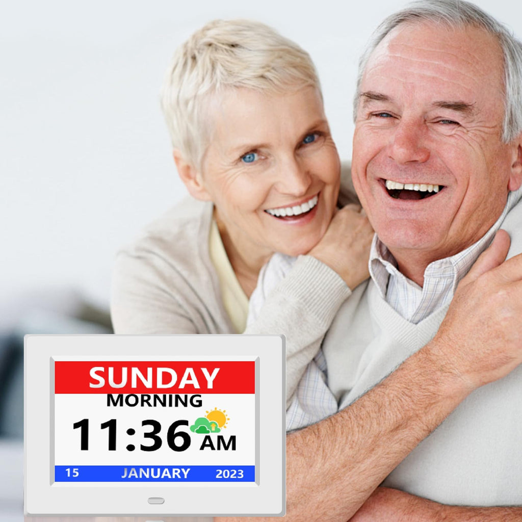 LXBYJKJ 7 Inch Digital Clock with Day and Date for Elderly Alzheimer's Dementia Clock Customizable Alarms and Medicine Reminders 3 Display Modes Large Font Digital Alarm Clock for Seniors White