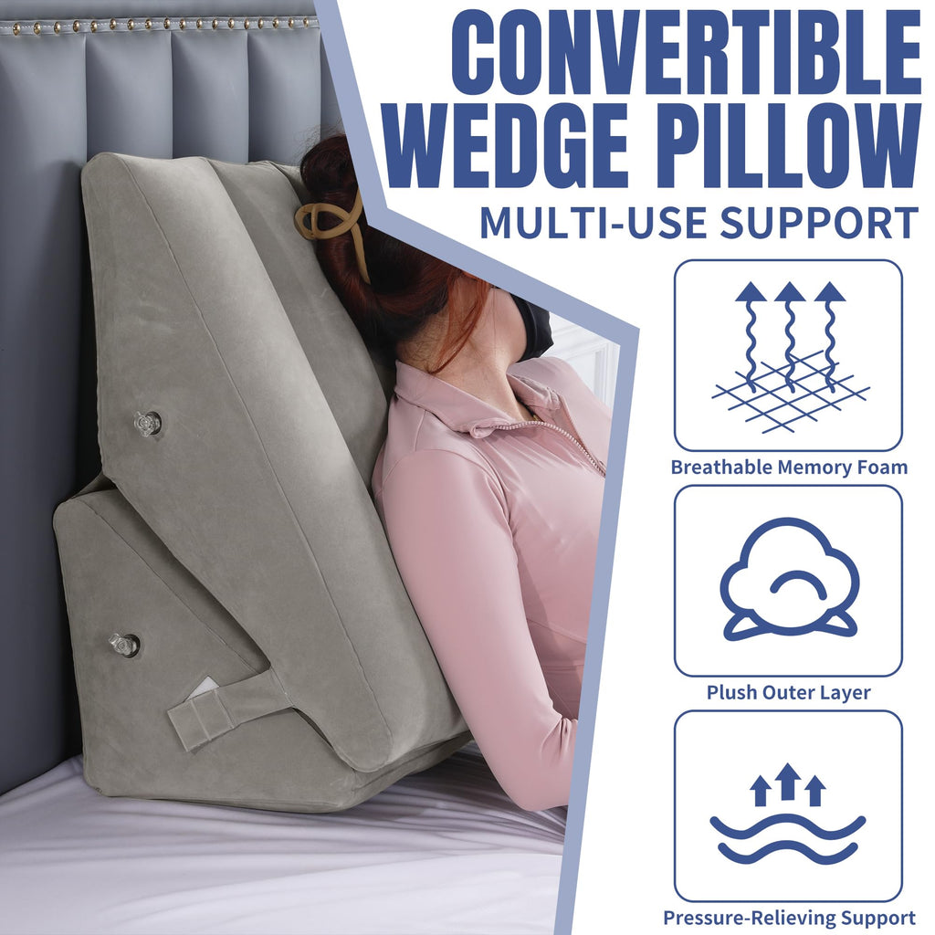 HOMBYS Adjustable Inflatable Bed Wedge Pillow for Sleeping, 7 in 1 Multi Use Back Pillow for Bed Sitting Up, 10 inch Elevated Support Pillow for Legs & Back, Portable for Travel Use-30"x22"x10", Grey