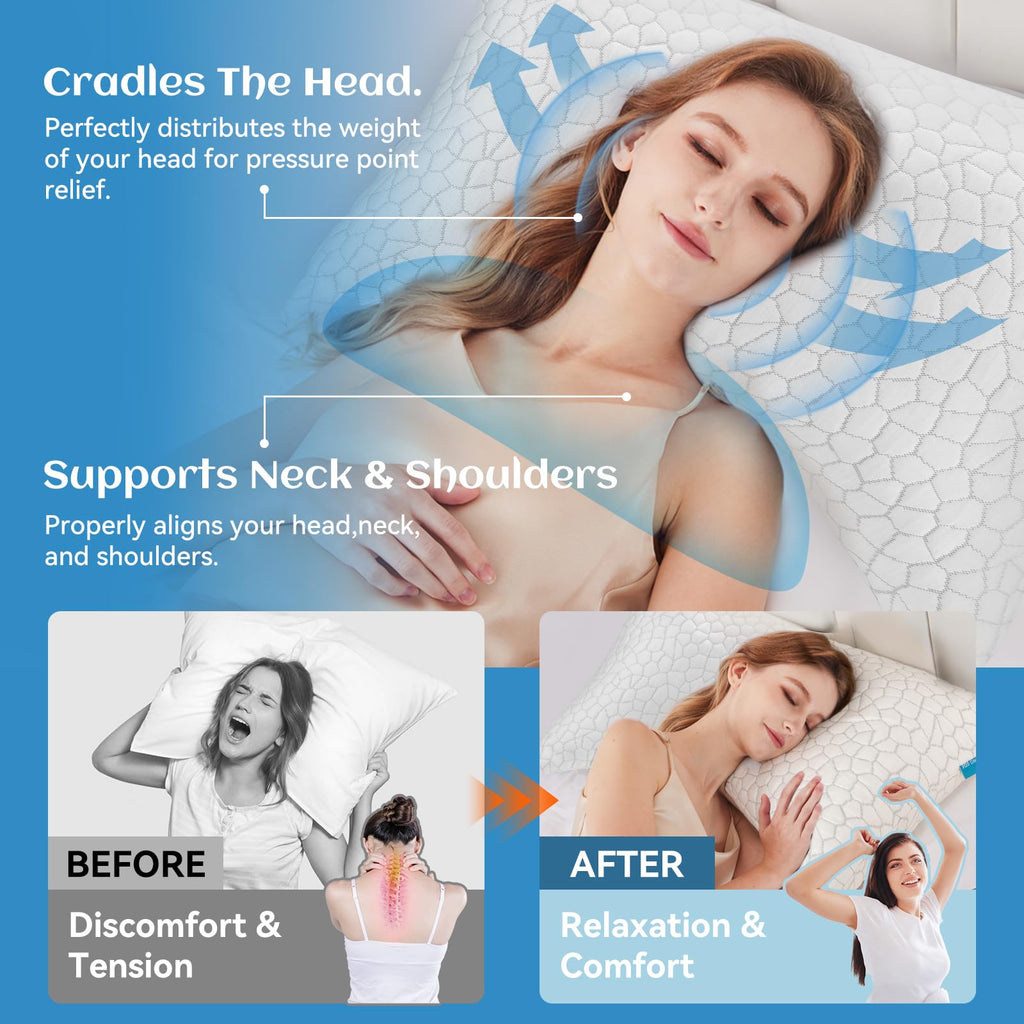 Side Sleeper Pillows for Adults, Cervical Pillow for Side Sleepers Neck and Shoulder Pain Relief, Cooling Crescent Neck Pillow with Adjustable Loft ,Shredded Memory Foam Pillows Queen Size Set of 2