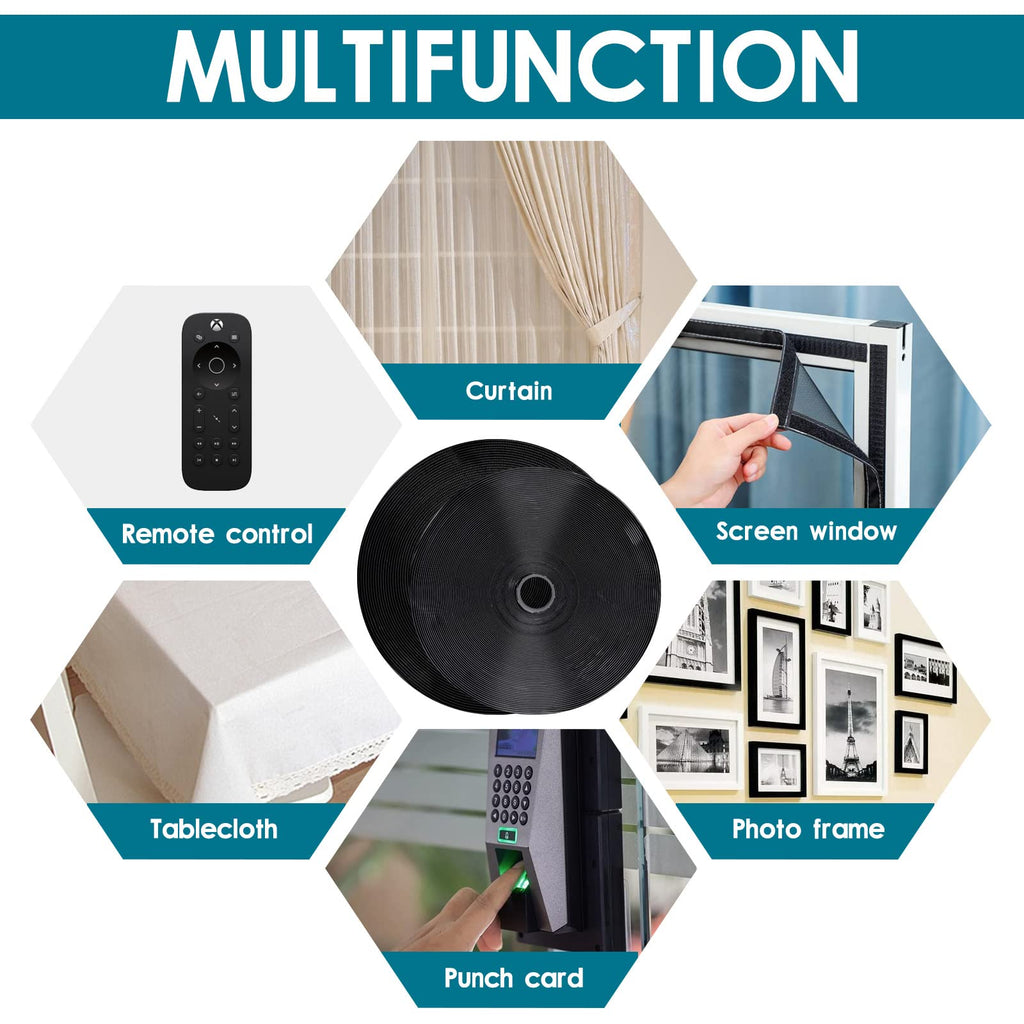 3/4 Inch x 82 Feet Black Hook Loop Strips with Adhesive Heavy Duty, Multi-Purpose Hook and Loop Tape, Double Sided Hook Loop Rolls, Picture Hanging Strips, TV Accessories, TV wall Adhesive Tape