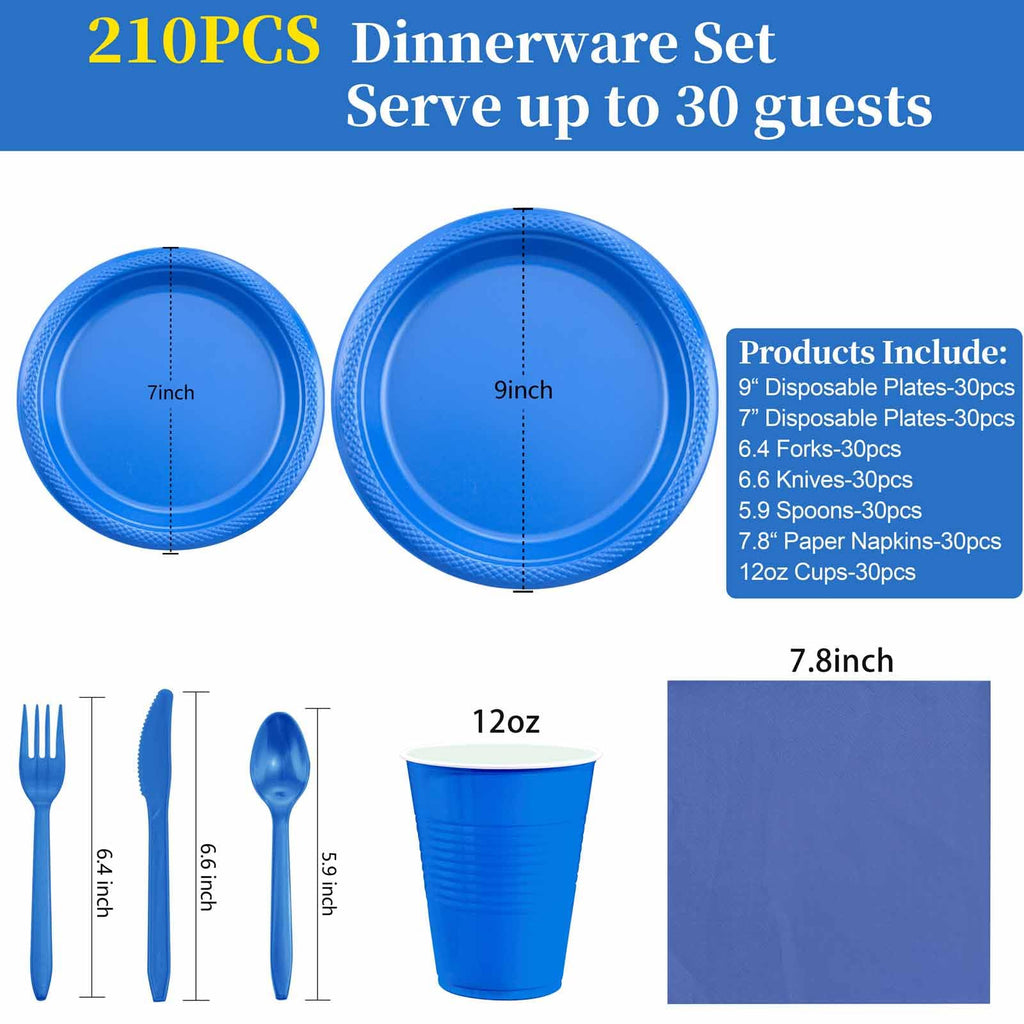 WELLIFE 210 Pcs Blue Party Supplies, Disposable Dinnerware Set, Including Blue Plastic Plates and Napkins, Blue Plastic Cutlery and 12OZ Blue Cups, Serve 30 Guests for Party