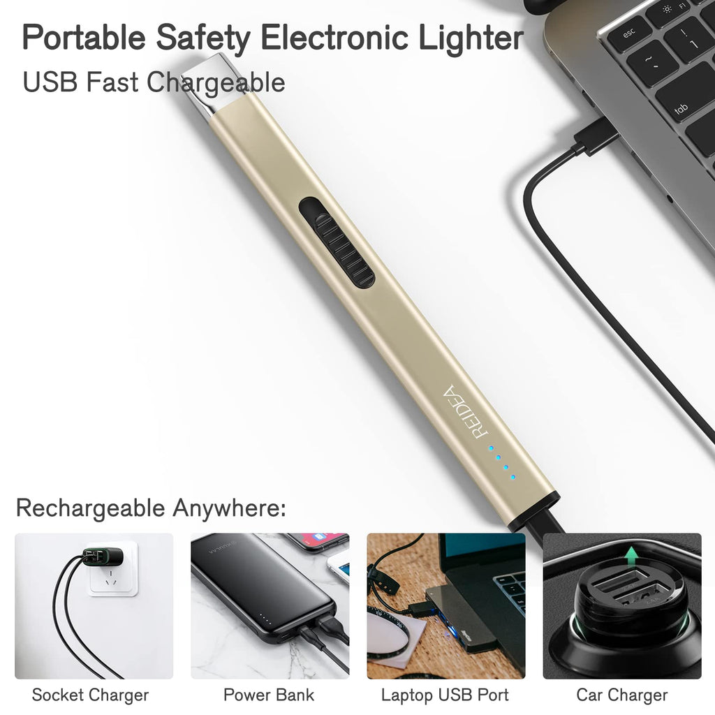 REIDEA Electric Lighter Candle Lighter, Retractable Top Windproof Flameless USB Rechargeable Arc Lighter with Safe Button and Power Indicator for Candle, BBQ and Fireworks, R1 Flat, Champagne Gold