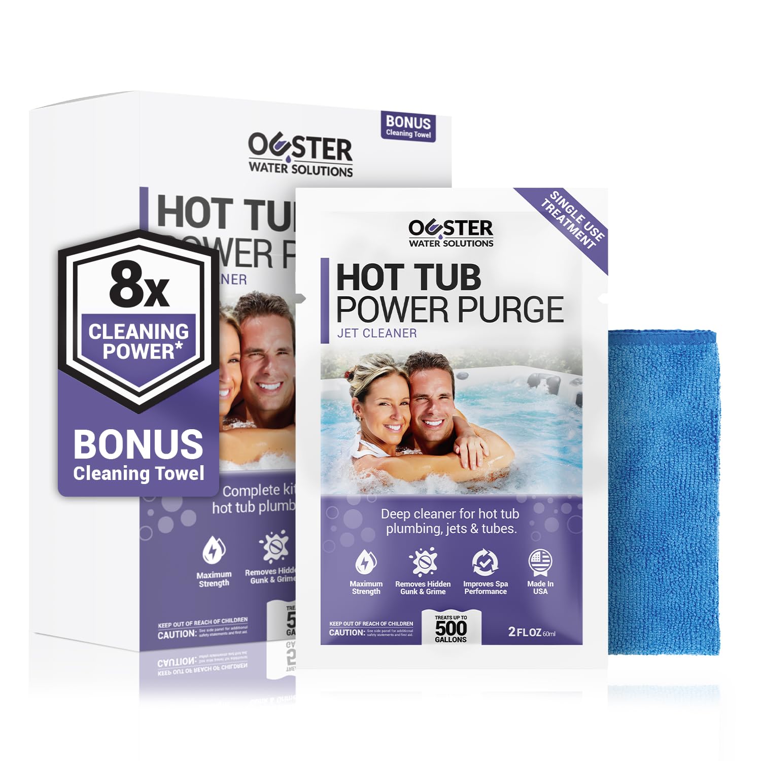 Bio Ouster Power Purge Hot Tub Jet Cleaner w/Towel - Deep Hot Tub Cleaner for Jets, Tubes, Plumbing - for Standard & Inflatable Spas - Removes Gunk Buildup for Crystal Clear Water - Made in USA (Kit)