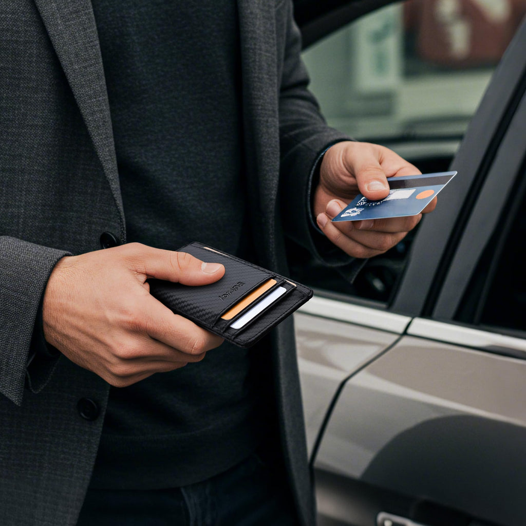 Slim Minimalist Front Pocket RFID Blocking Leather Wallets for Men and Women - Carbon Fiber Black
