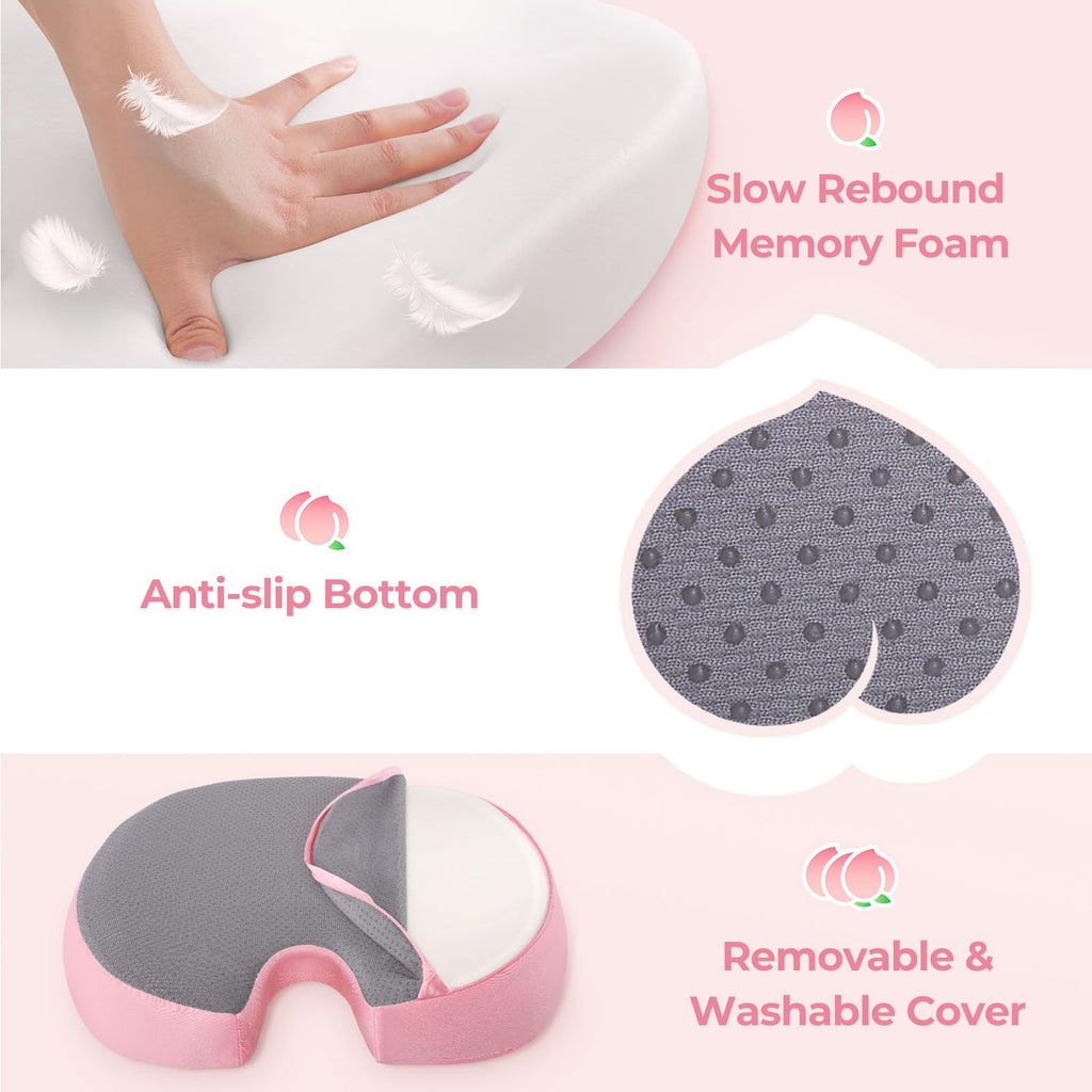 AMOOS Stylish Pink Seat Cushion, Ergonomic Wider Office Chair Cushion Enhances Posture with Lasting Support for Sciatica & Hip Pain Relief, Memory Foam Cushion for Office & Home Chair, Car Seat