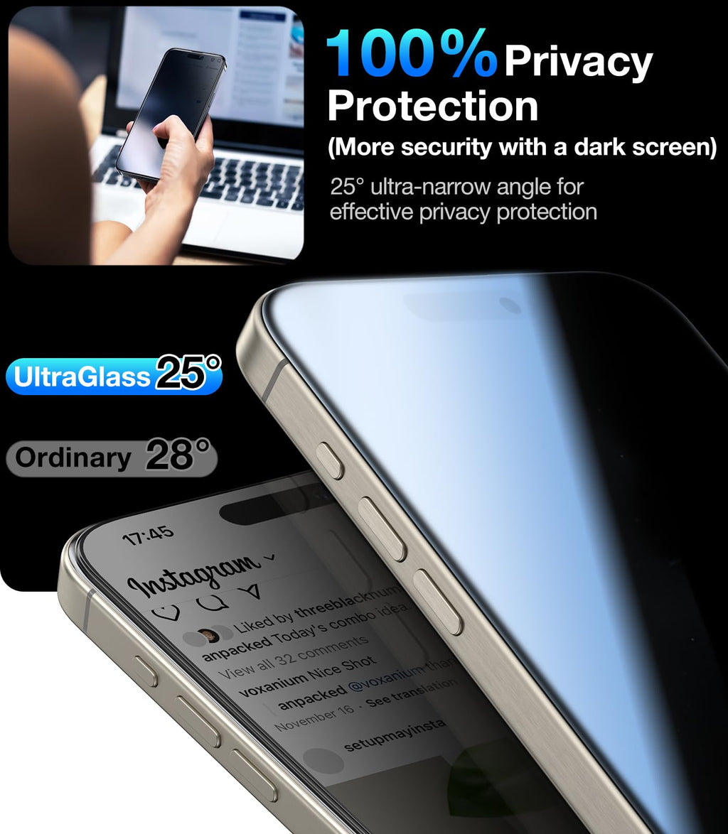 UltraGlass Ultra 9H+ Glass for iPhone 16 Pro Max Privacy Screen Protector [No.1 Military Grade Shatterproof & 100% Anti Spy] Glass Privacy Screen iPhone 16 Pro Max Tempered [Longest Durable] 2 Pack