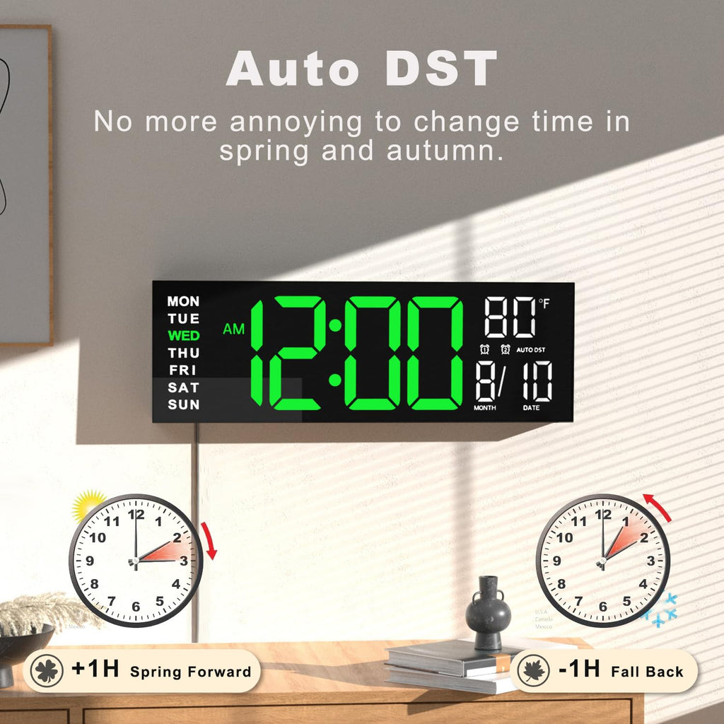 JALL 16" Large Digital Wall Clock Timer, Remote Controll, 2 Alarms, LED Display, 8 RGB Color, Auto DST, Temperature for Living Room, Bedroom, Desk, Mounted, Gift for Elderly (Green White, 16 inches)