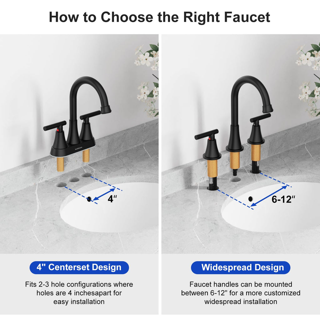 Bathroom Faucets for Sink 3 Hole, Hurran Matte Black Bathroom Sink Faucet with Pop-up Drain and Supply Lines, Stainless Steel Lead-Free Widespread Faucet for Vanity RV Farmhouse, 2 Pack
