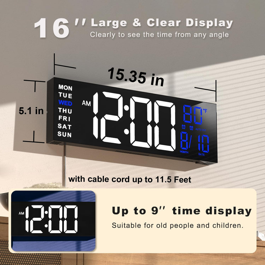 JALL 16" Large Digital Wall Clock Timer, Remote Controll, 2 Alarms, LED Display, 8 RGB Color, Auto DST, Temperature for Living Room, Bedroom, Desk, Mounted, Gift for Elderly (White Blue, 16 inches)