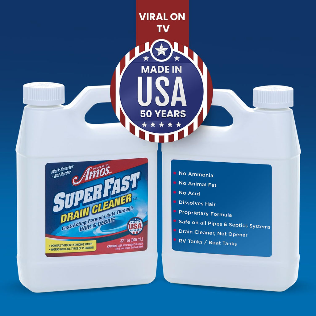 PROFESSOR AMOS Superfast Drain Cleaner Dissolve Hair, Grease, Food & Build Up Fast, 4-6 Applications Per Bottle