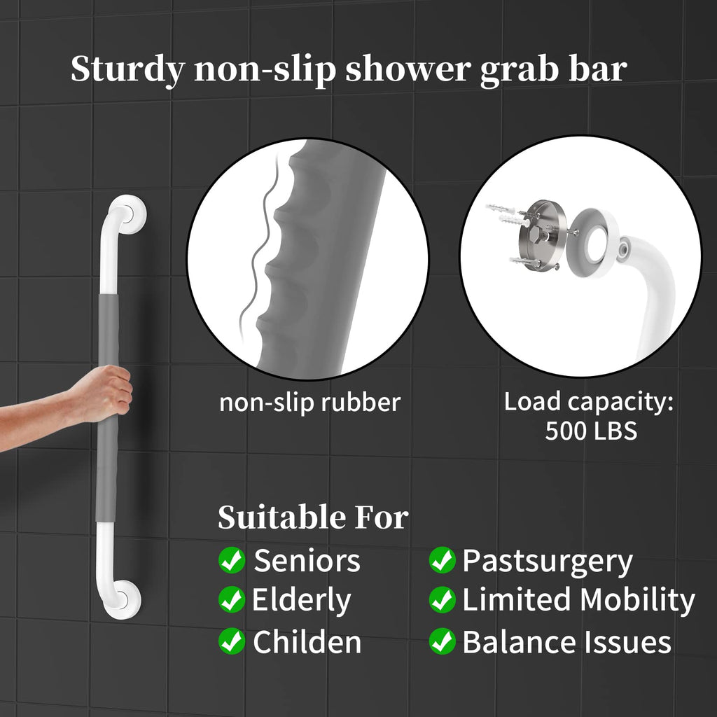 24 Inch Anti Slip Shower Grab Bar, Munzong White Stainless Steel Bathroom Grab Bar w/Gray Rubber Grip, Bathroom Balance Bar,Safety Handrail Support,Handicap Elderly Senior Assist Bath Handle