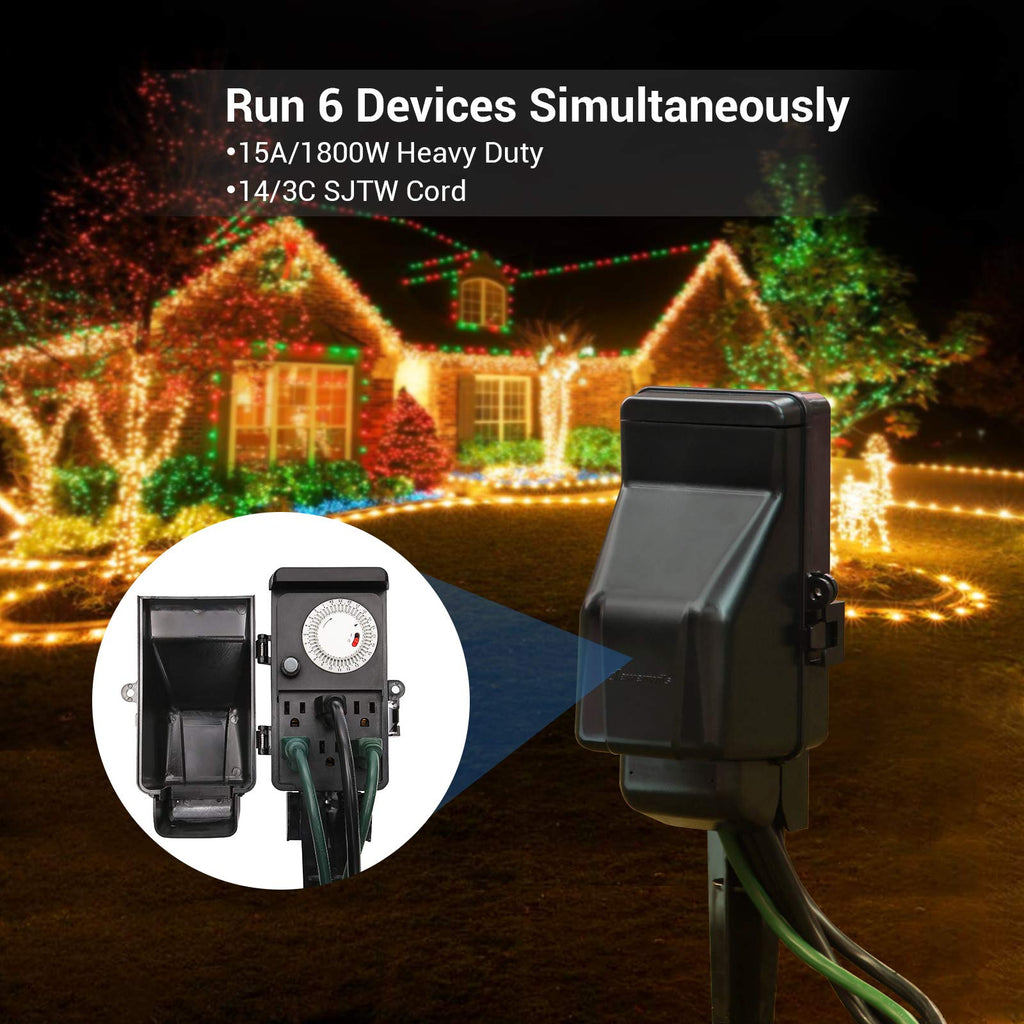 DEWENWILS Outdoor Mechanical Power Strip Timer, 24 Hour Multi Socket Timer, Waterproof 6 Outlet Garden Power Stake, 6 ft Cord, 1800W/15A Heavy Duty, for Garden, Halloween/Christmas Decoration Lights