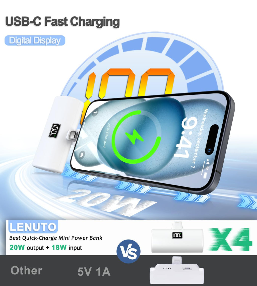 LENUTO Portable Charger for iPhone 15 16 Power Bank, 6000mAh USB-C Portable Phone Charger with Fast Charging (20W), Mini Battery Pack for iPhone 15 Pro/15 Plus/15 Promax/Samsung/Huawei Andriod - White
