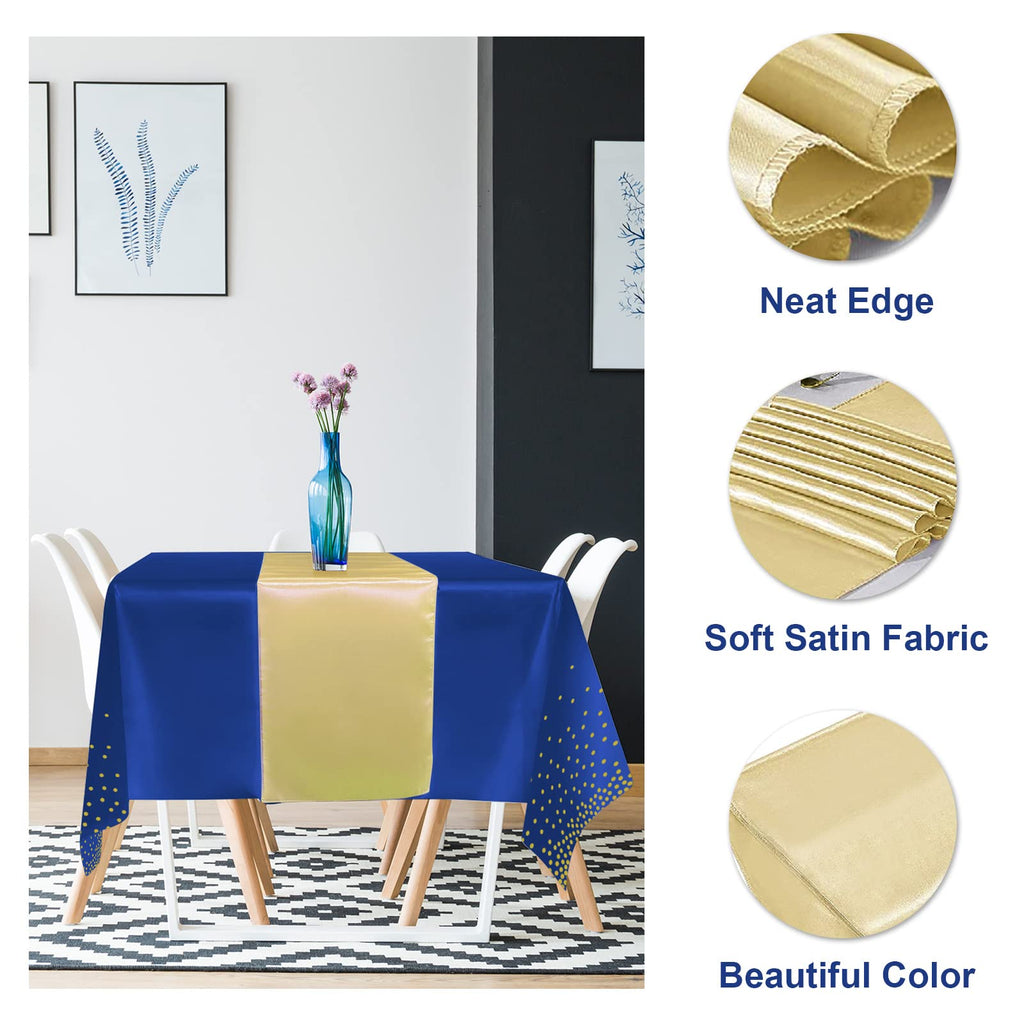 16Pack Disposable Plastic Tablecloths and Satin Table Runner Set Blue and Gold Dot Tablecloth Gold Satin Table Runner for Wedding Birthday Baby Shower Anniversary Christmas New Year Party Decorations
