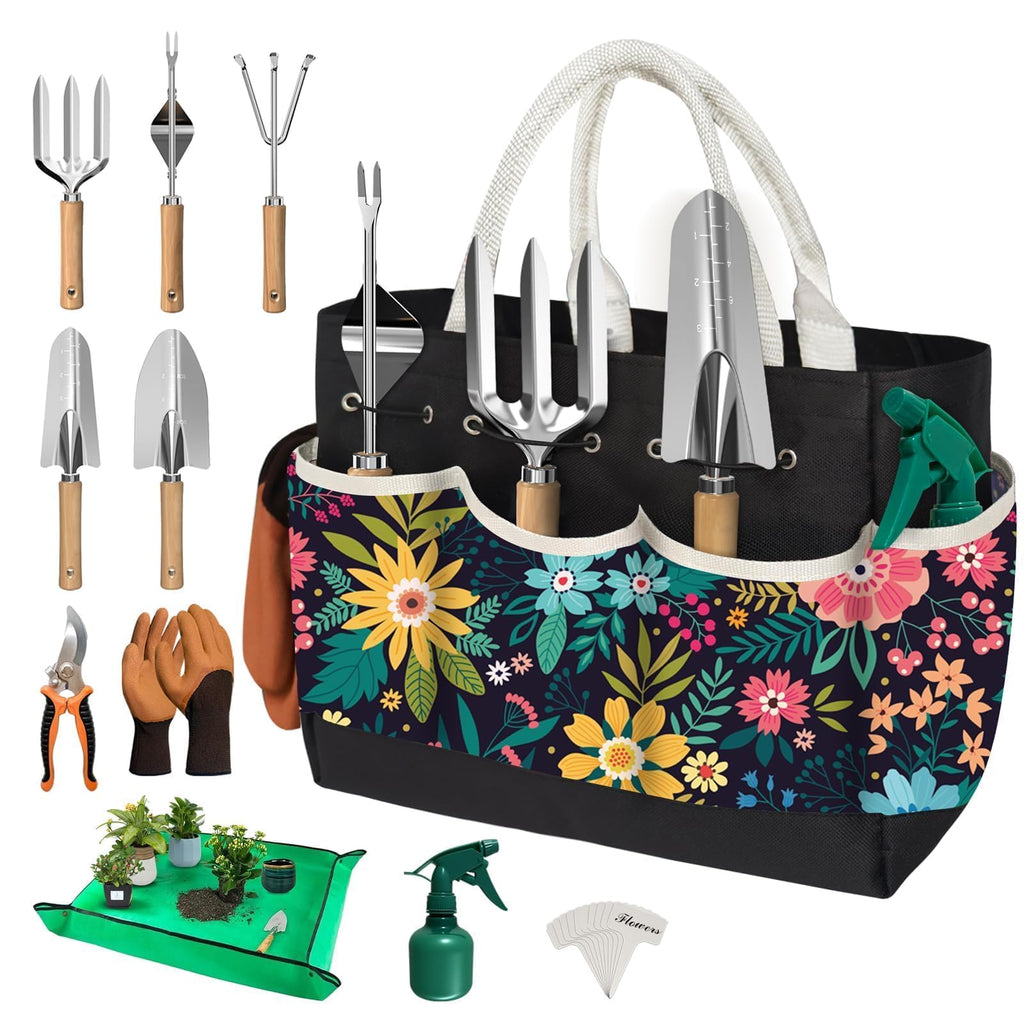 22Pcs Gardening Tools Set for Women Heavy Duty Garden Hand Tool Kit Garden Gifts for Mothers Day Mom Beginner Gardening Accessories with Tote Bag/Shovel/Repotting Mat/Plant Labels/Gloves-Black
