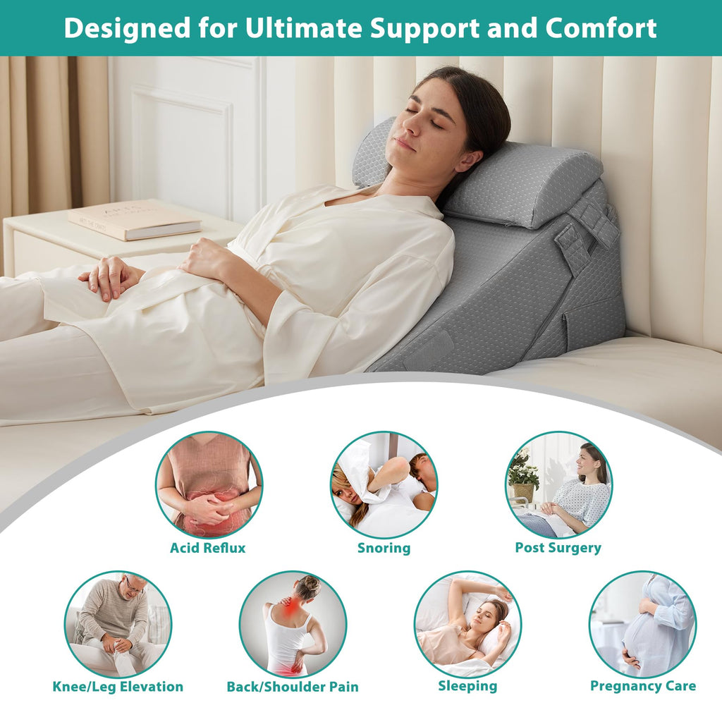 Bedluxe 3Pcs Orthopedic Bed Wedge Pillow Set, Foam Wedge Pillow Post Surgery for Back, Leg and Knee Support, Adjustable 9&12 Inch Folding Triangle Pillow for Sleeping, Acid Reflux, Snoring, Grey