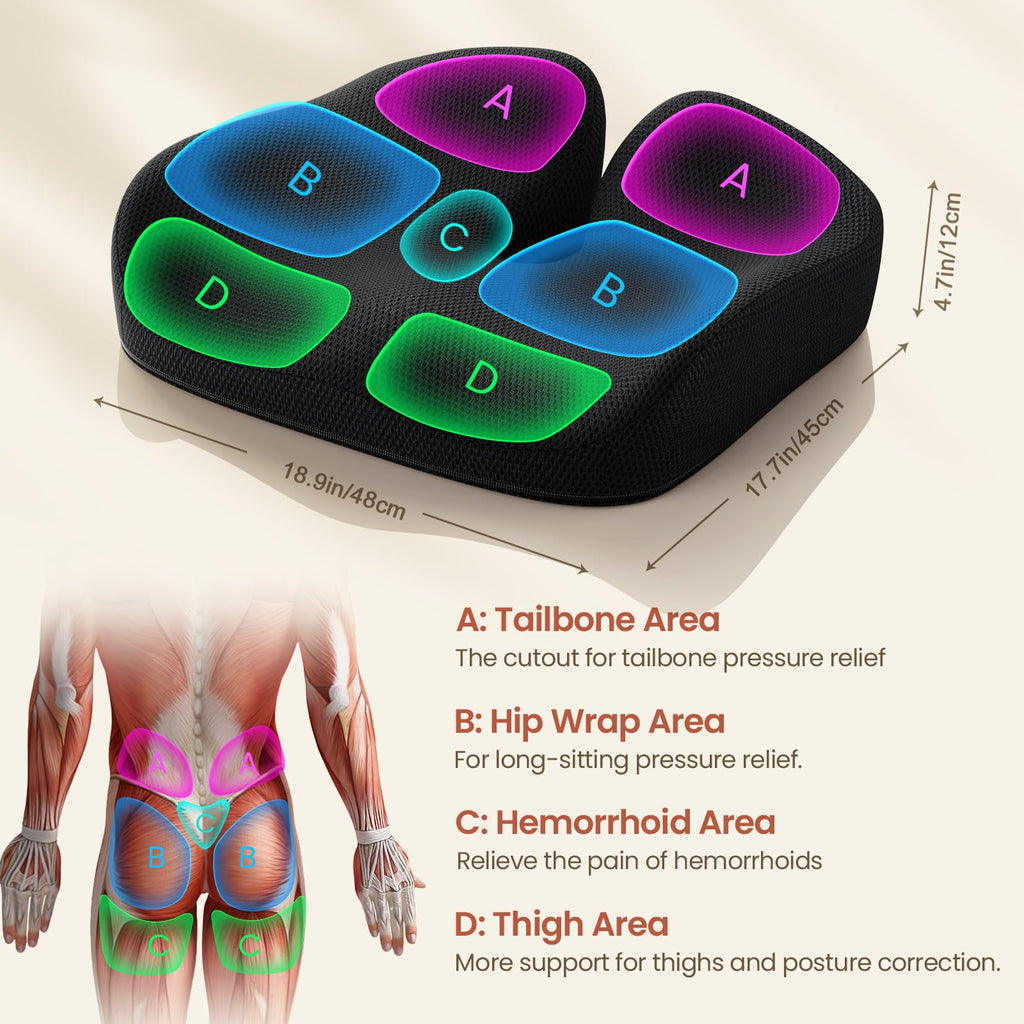 Benazcap Seat Cushion, Memory Foam Cushion for Office Chair - Ergonomic Chair Cushions for Tailbone Pain Relief, Sciatica & Back Support with Breathable Case, Office Chair Cushion & Car Seat Cushion