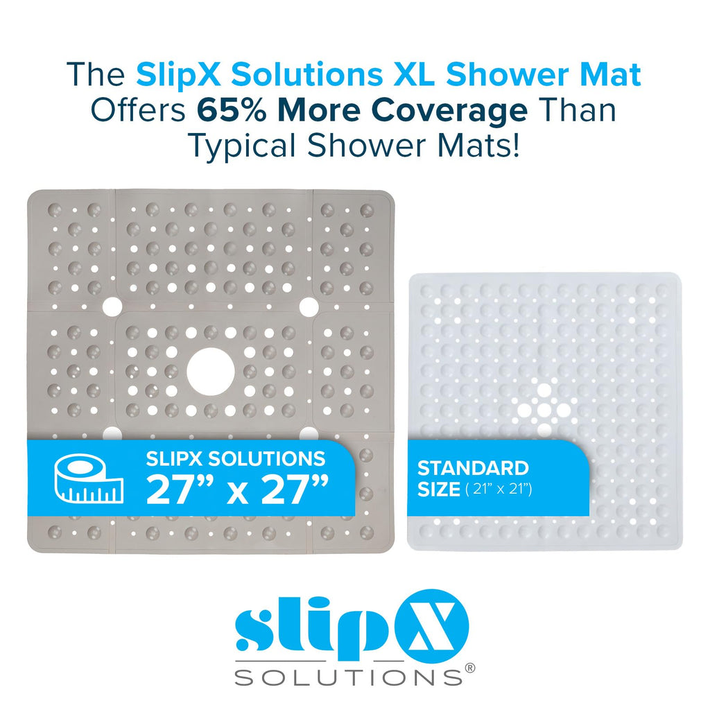 SlipX Solutions Extra Large Square Shower Mat, 27"x27", Non-Slip Stall Mat for Elderly & Kids Standing Bath Tub Mat, Machine Washable, Suction Cups, Solid Tan