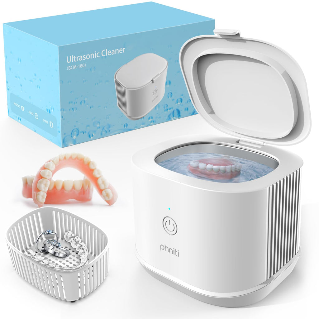 Ultrasonic Jewelry Cleaner, Phniti 46kHz Professional Portable Ultrasonic Retainer Cleaner Machine with Timer for Dental Retainer, Mouth Guard, Watch, Ring, Diamond - Household Use, White