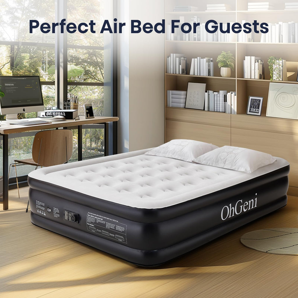 OhGeni Queen Air Mattress with Built in Pump, Blow Up Colchones Inflables Mattress for Guests, Foldable Portable Air Mattresses with Carrying Bag, 18" Raised Elevated Air Bed for Camping,Black Airbed