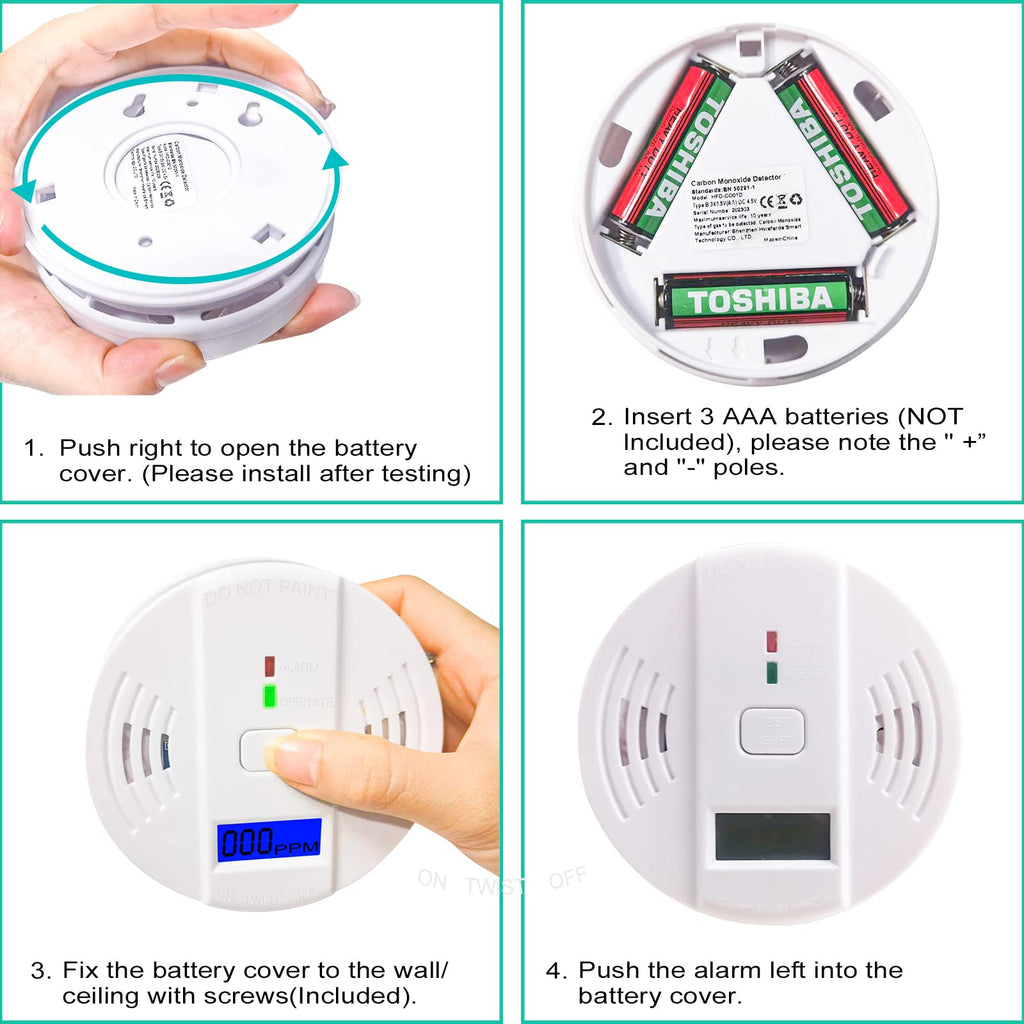 Carbon Monoxide Detector, Replaceable Battery-Operated Carbon Monoxide Alarm Detectors with Digital Display & LED Lights. CO Alarm Applicable to Home, Warehouse