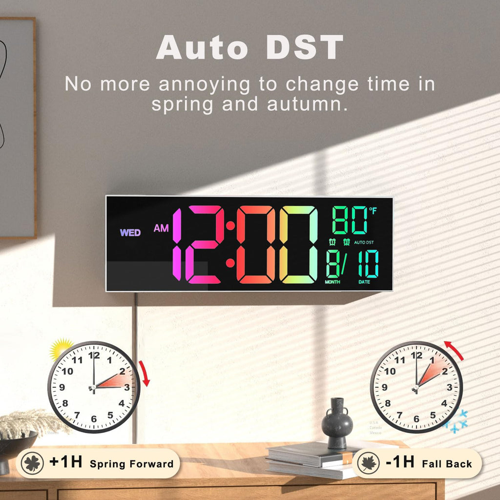 JALL 16" Large Digital Wall Clock with Remote Control, Timer, Alarm with Big LED Screen Dispaly, 8 RGB Colors, Auto DST, Temperature for Living Room, Bedroom, Mounted, Gift for Elderly, White