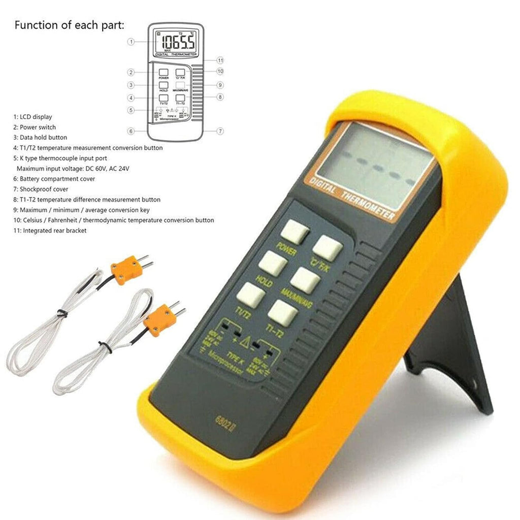K Type Thermocouple Thermometer(-50~1300°C) Digital Dual Channel, 2 Thermometer Pipe Clamp 2 Thermocouple Sensor Probes, Pipe Temperature Clamp Thermocouple High Accuracy Readings