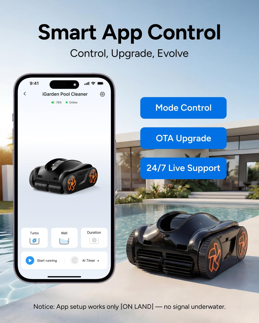 iGarden Robotic Pool Cleaner K Series, Cordless Pool Vacuum Robot for Inground & Above Ground Pools, Smart Navigation, Touchscreen, Self-Parking, Cleans Floor, Wall & Waterline, 150 Min
