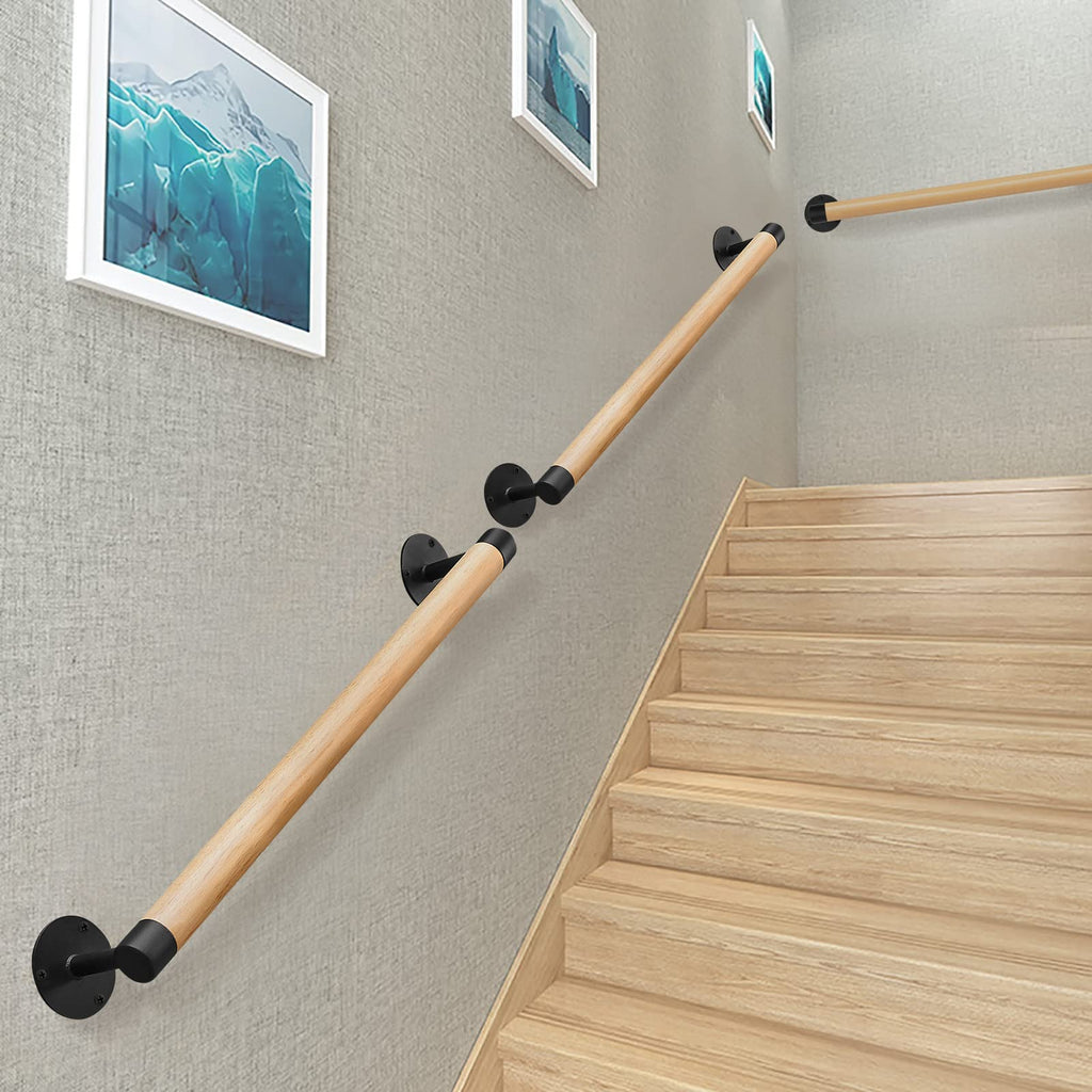 Purife 3ft Wood Modern Railing for Stairs, Wood Stair Handrail W/s Black Sturdy Metal Brackets, Banister Railing for Stairs Wood Safety Grab Handles for Elderly & Kids