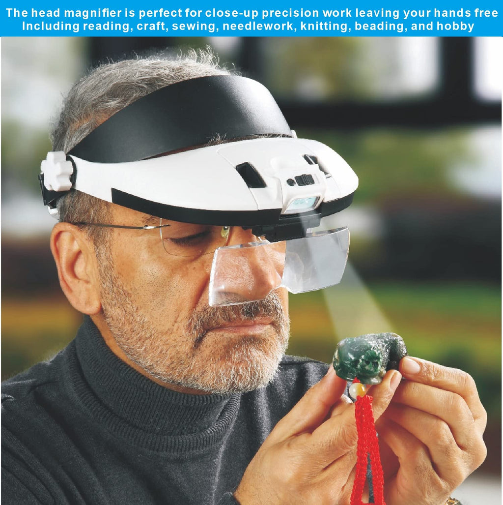 AmsOpto Large Lens Head Magnifier Headband Magnifying Glass with Light Hands Free 8 LED Magnifier with Cold and Warm Light for Close Work, Sewing, Crafts, Reading, Repairing, Jewelry