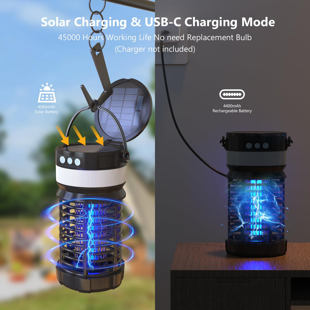 Solar Bug Zapper Outdoor,Cordless Rechargeable Mosquito Zapper, 4200V High Power,45000Hrs Working Life,IP66 Waterproof,Electric Fly Zapper Zapper for Outdoor Home Garden Patio Backyard