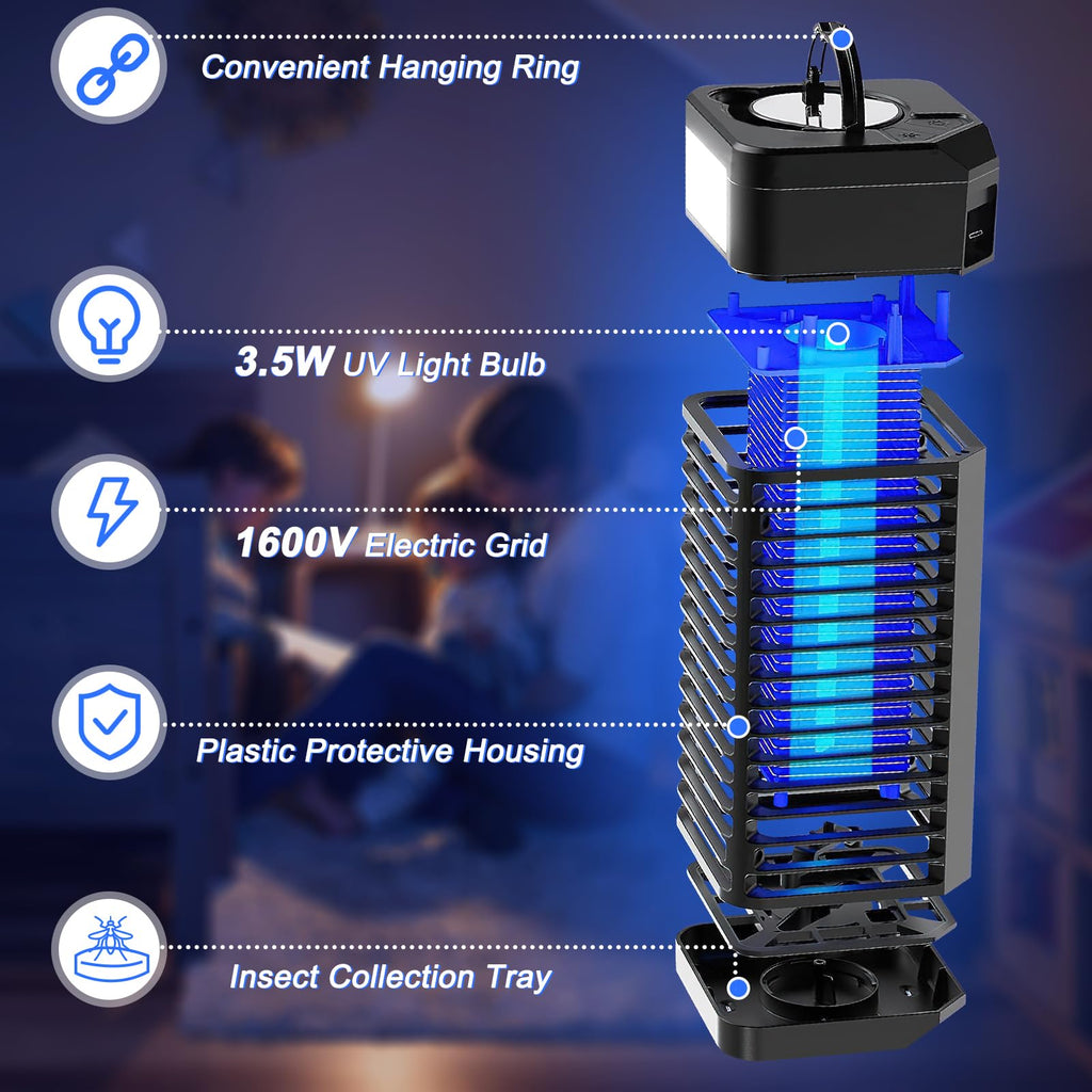 Bug Zapper Outdoor, Electric Mosquito Zapper, Fly Zapper Indoor, Wireless Mosquito Killer, Portable Fly Traps with LED Light for Home Garden, Patio, Kitchen, Camping Use (USB Powered/Rechargeable)