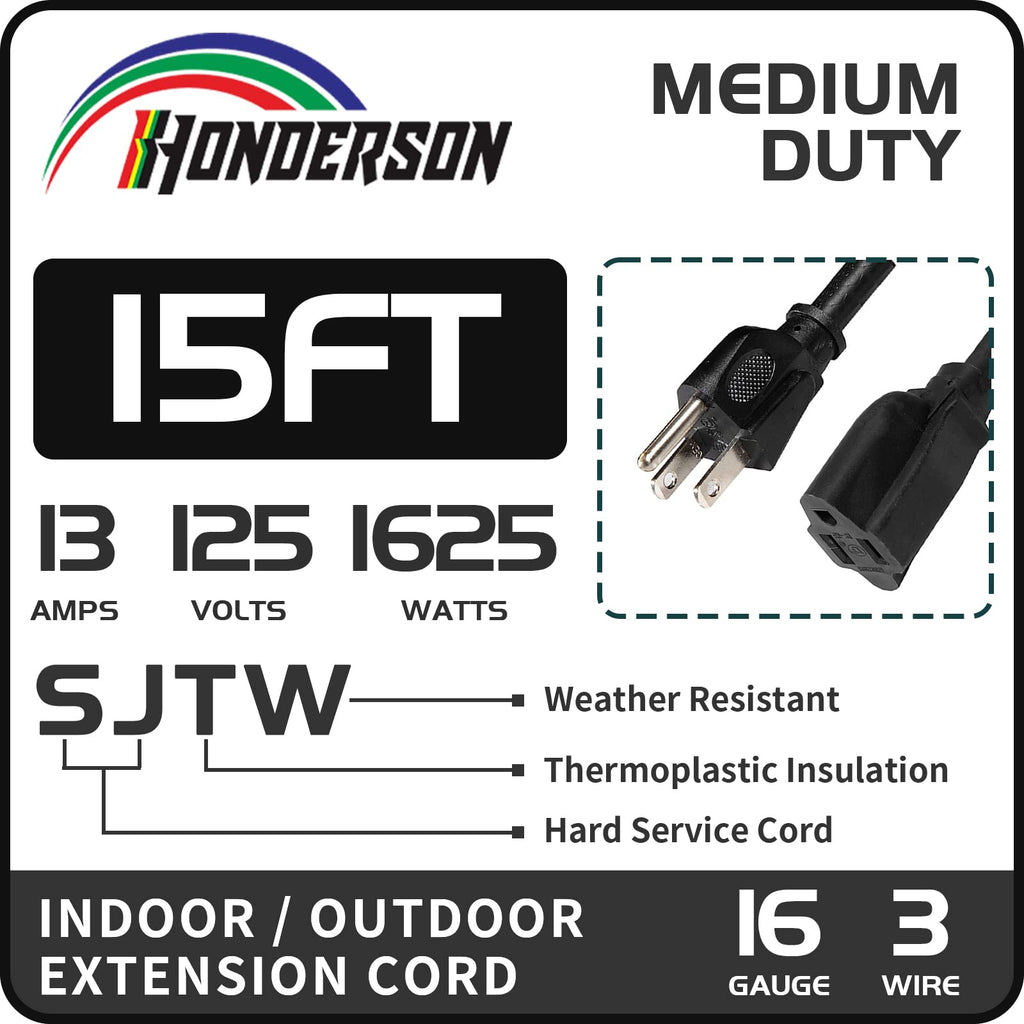 HONDERSON 15FT Outdoor Extension Cord-16/3 SJTW Durable Black Extension Cable with 3 Prong Grounded Plug for Safety,Great for Outside Christmas Decorations