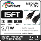 HONDERSON 15FT Outdoor Extension Cord-16/3 SJTW Durable Black Extension Cable with 3 Prong Grounded Plug for Safety,Great for Outside Christmas Decorations