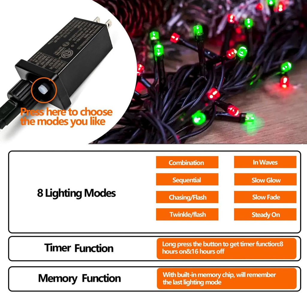 82FT 200 LED Red Green Christmas Lights Outdoor/Indoor, Timer & Memory Function & 8 Modes, Extendable Green Wire, Waterproof Fairy String Lights for Xmas Tree Holiday Party Garden Yard (Red & Green)