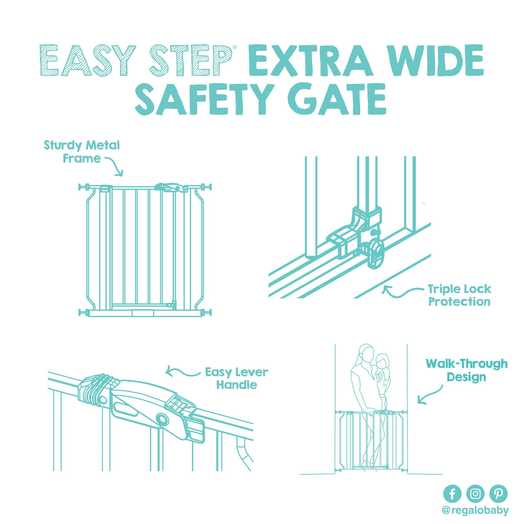 Regalo Safety 29-49" Easy Step Extra Wide Baby Gate for Doorways & Bottom of Stairs, Pressure Mounted Safety Gate with Door for Babies, Toddlers & Pets, White