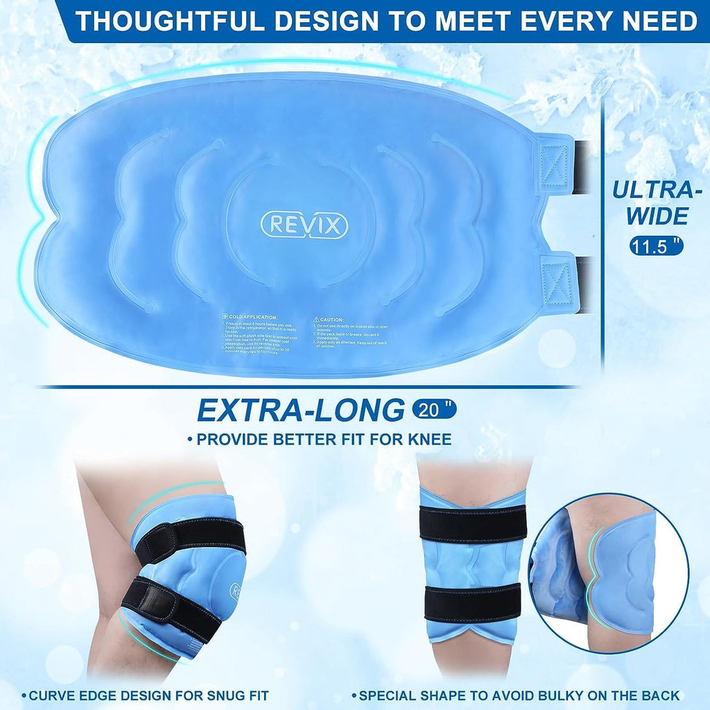 REVIX 20" XXXL Ice Pack for Knee Replacement Surgery - Gel Knee ice Packs for Injuries Reusable, Ice Knee Wrap with Cold Compression for Pain Relief, Sports Injuries, ACL, Swelling, Set of Two