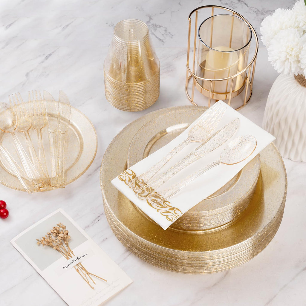 Goodluck 700 Piece Gold Glitter Dinnerware Set for 100 Guests, Plastic Plates Disposable for Party, Include: 200 Plastic Plates, 100 Paper Napkins, 100 Cups, 100 Glitter Silverware Set