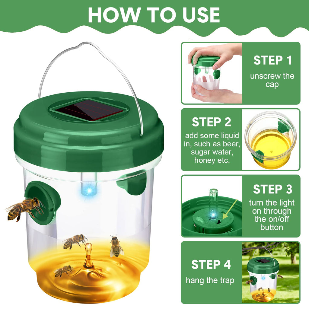 Wasp Trap Solar Powered Bee Trap Reusable Fly Traps Outdoor Hanging Wasp Killer with UV LED Light Flying Insects Bee Killer for Indoor Outdoor Patio Garden Home (Green, 6 Packs)