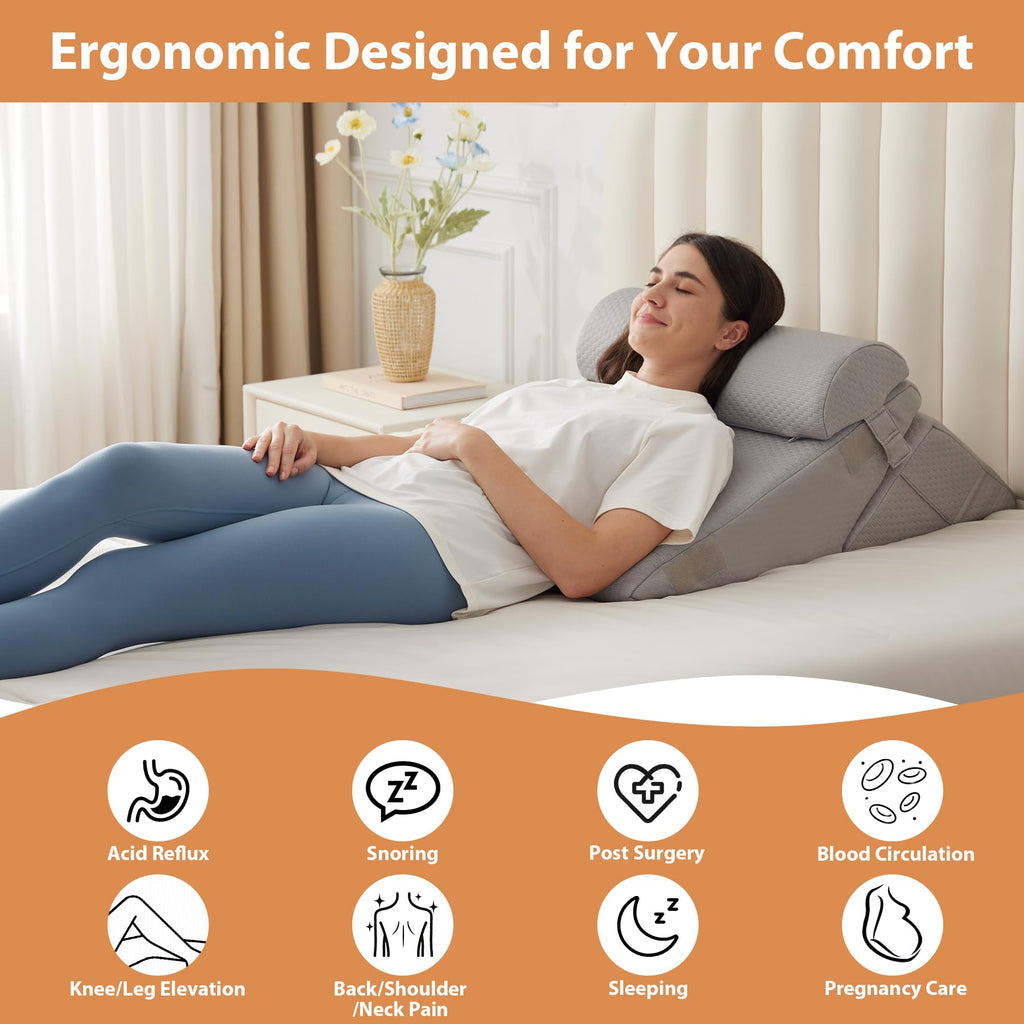 BIEEZZK 3PCS Wedge Pillow Set, Adjustable Wedge Pillow Headboard, Bed Wedge Pillows for Back Pain Relief, Sleeping, Post Surgery, Back Support Pillow for Bed Sitting Up, Snoring, GERD,Grey