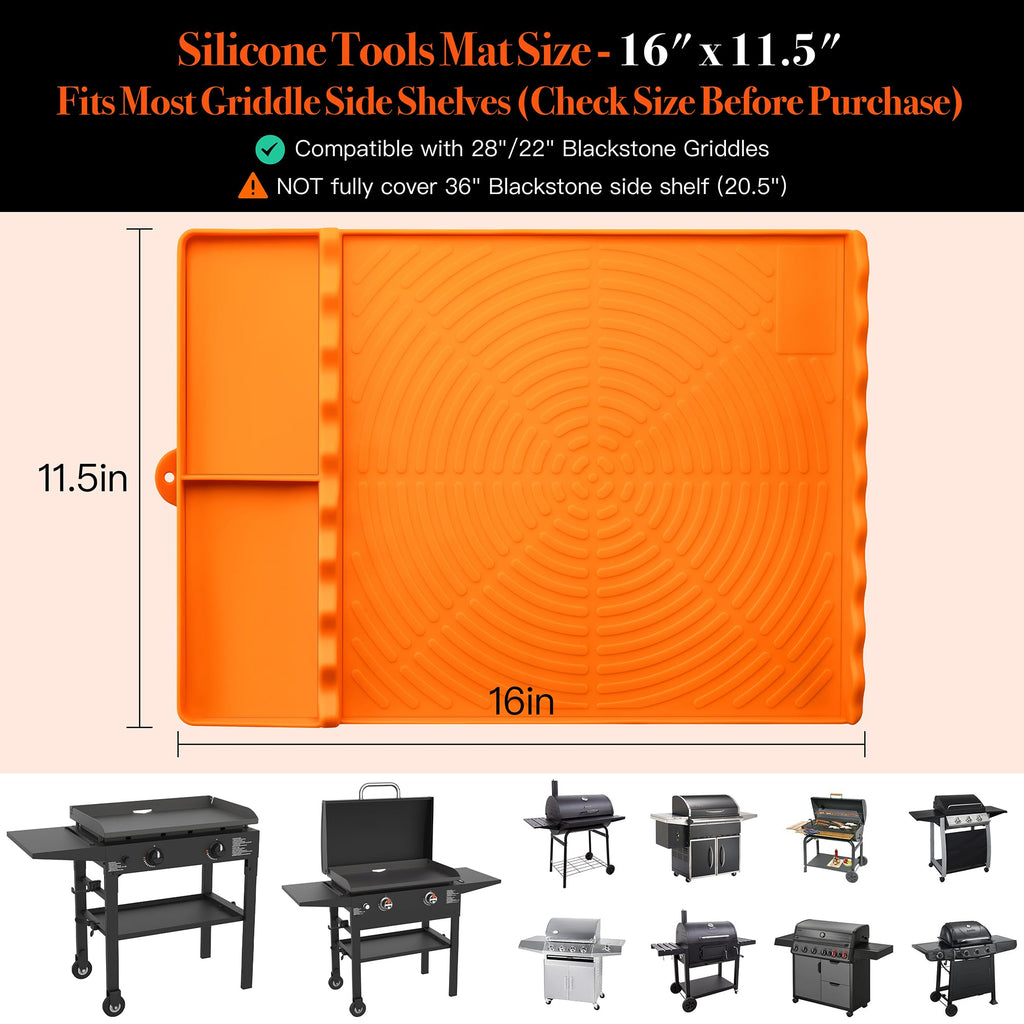Silicone Grill Mat for Blackstone - BBQ Griddle Tools Side Mat with Drip Pad, Griddle Tools Mat for Outdoor Kitchen Countertop, BBQ Grill Accessories Gifts for Men (Gray-2Pack)